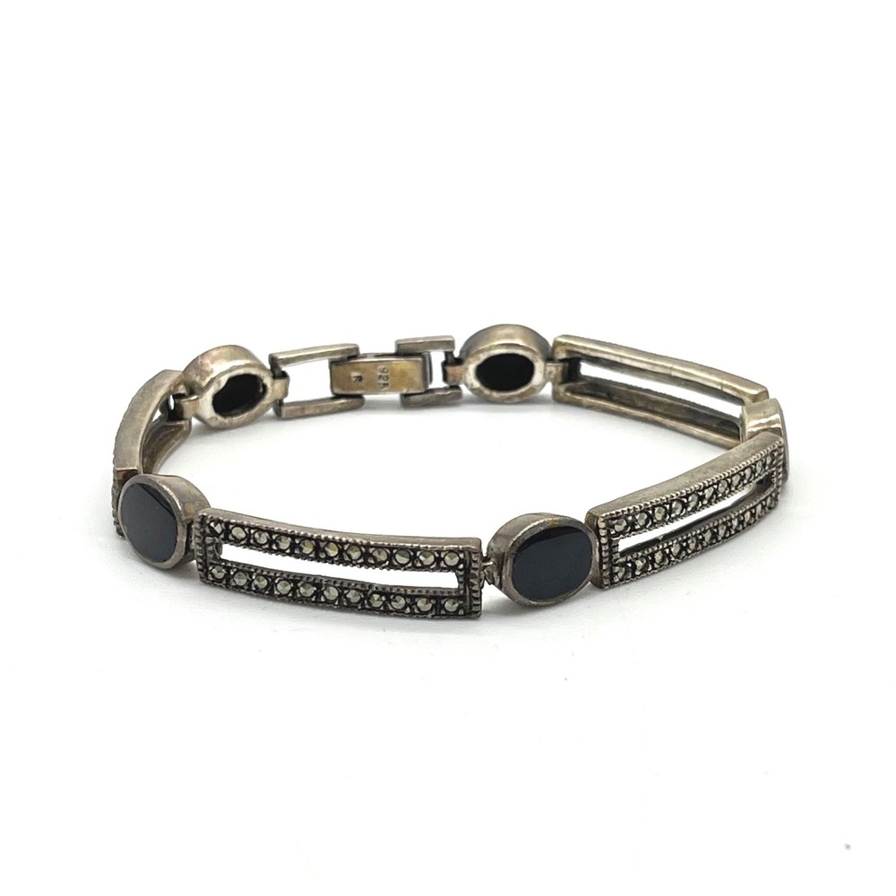 Vintage Sterling Silver 925 Black Onyx‎ Marcasite Art Deco Link Bracelet 7.25"